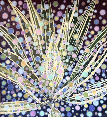 Painting of a magical yucca succulent with ephemeral orbs emanating from it as if to communicate. 