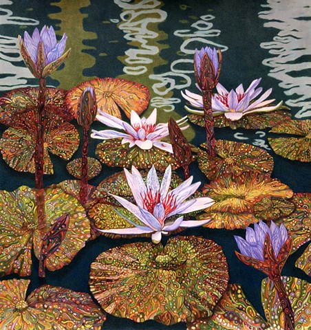 Serene flowering lotus flowers, buds, and lily pads in a pond.  
