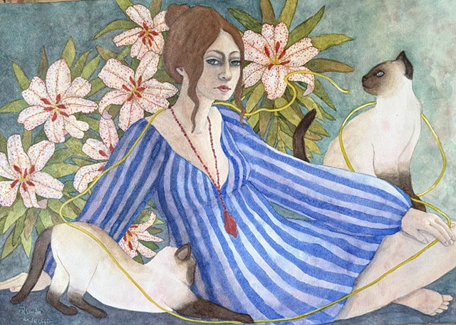 Woman in a blue striped dress playing with cats