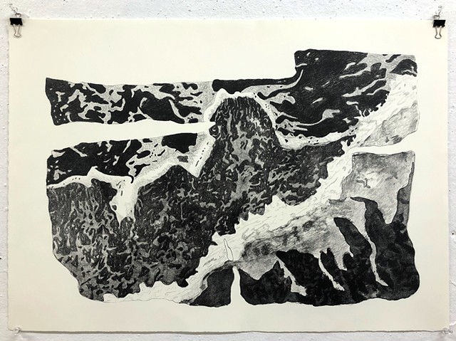 a black and grey print of waves in an abstract shape on cream colored paper