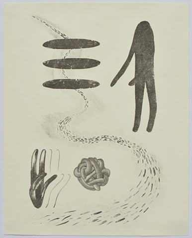 two grey figures in opposite corners of the print with a curving line of short marks between them, there is a knot next to the small figure and three ovals next to the large figure