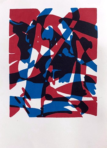 blue and red abstract shapes printed over each other on white paper