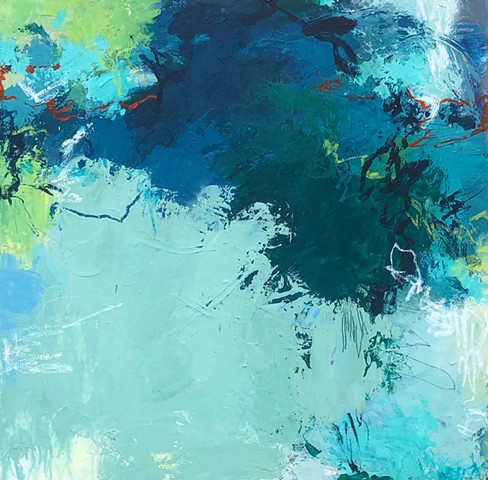 Blue, turquoise and green acrylic and mixed media abstract art piece on canvas