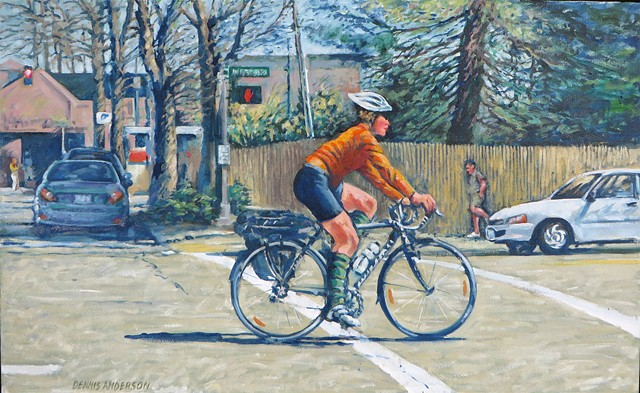 Orange Biker in neighborhood 