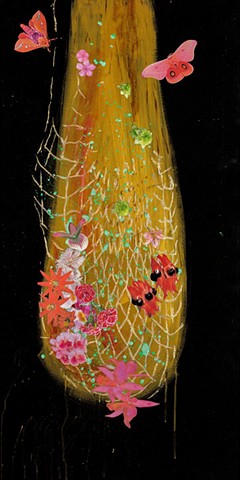 gold leaf, nets, butterflies,sturt pea, native flowers
