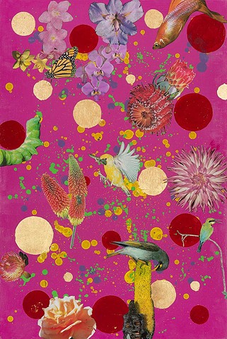 wild flowers, butterflies, gold fish. pink art, happy art