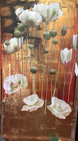 opium poppies, oriental art, gold leaf