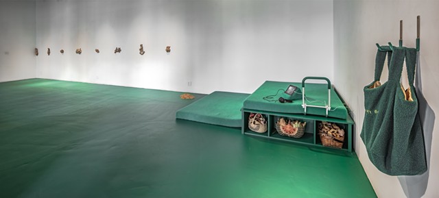 An exhibition view of Greenness shows a white wall gallery with the floor painted a cold green that is also called OSHA safety green. The piece Crash Pad (OSHA safety green) is also painted in the same green and is the artist's bed frame installed in a co