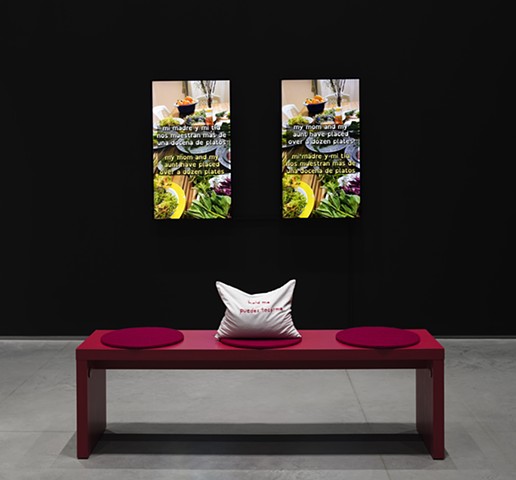 On a black wall, two vertical monitors, about a foot apart, show the identical scene of a tabletop of various herbs and plants with captions in Spanish and English on both monitors. In front of the screens is a reddish pink bench with three round cushions