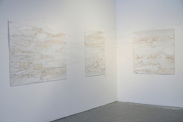 Mapping narratives of journeys during the Dwelling residency. This three panel installation by Elaine Carr at Artcite