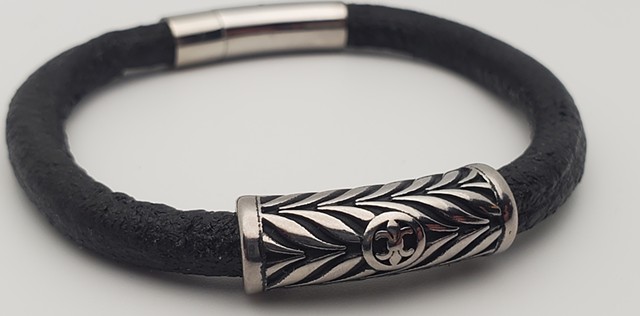 Striped Fleur de lis Stainless and Leather Bracelet, with magnetic locking clasp 