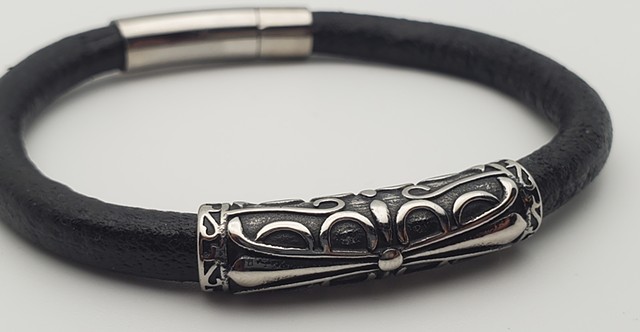 Art Deco Stainless and Leather Bracelet, with magnetic locking clasp