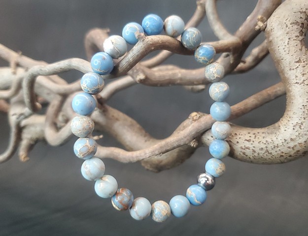 Genuine Blue Earth Magnesite 8mm Beaded Stretch Bracelet with Silver and Stainless Steel for Men or Women, blue magnesite, stretch bracelet, beaded bracelet, handmade jewelry, beads bracelet, zen bracelet, chakra bracelet, gemstone bracelet, silver bead, 