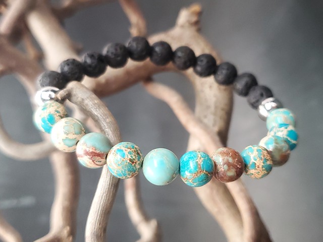 Black Lava Stone & Turquoise Magnesite with Silver Accent 8mm Beaded Stretch Healing Yoga Boho Essential Oil Bracelet for Men or Women. Handmade unisex stretch bracelet made with 8mm black lava stone and turquoise magnesite gemstone beads, with silver acc