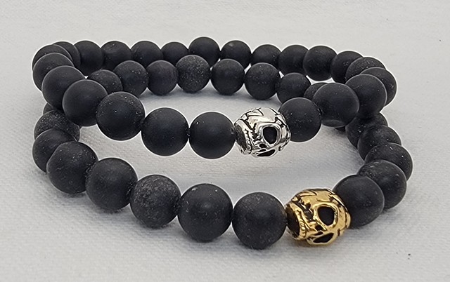 Black Stone Bracelet with Gold or Silver Skull