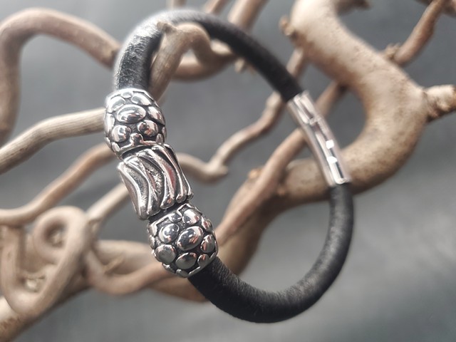 Three Bead Leather & Stainless Steel Bracelet with magnetic locking clasp  