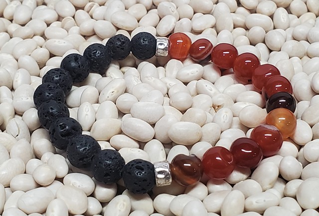 Lava & Agate half and half bracelet Black 8mm Beaded Stretch Yoga Healing Essential Oil Bracelet. Handmade unisex stretch bracelet made with 8mm black lava stone and red agate beads, with brass accents. Each bracelet is made with double-strung .7mm stretc