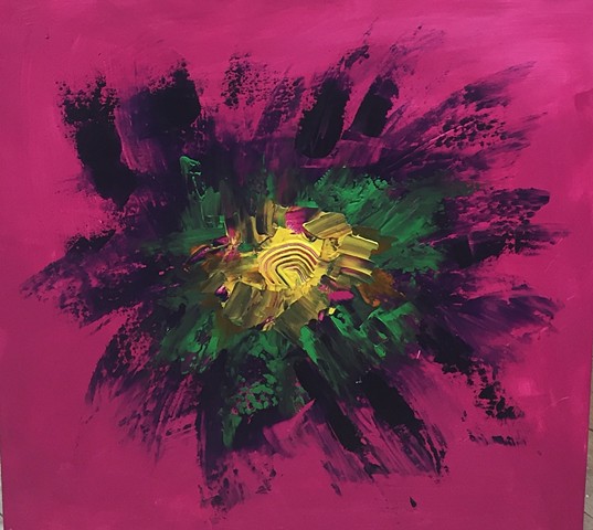 Art Colony - 24x24 Acrylic abstract painting on canvas done with pallet knife bright pink/yellow/purple colors