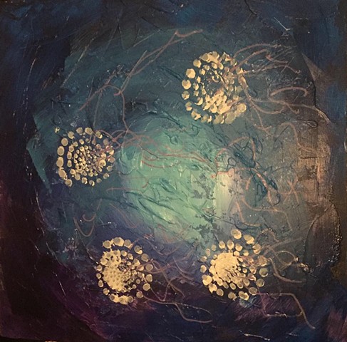 Nymphs 24 x 24 Acrylic Abstract painting on woodboard deep blue