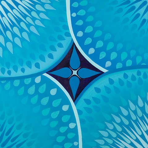 A Blue and Black stylized Star Flower centers on a cerulean and aqua ground.