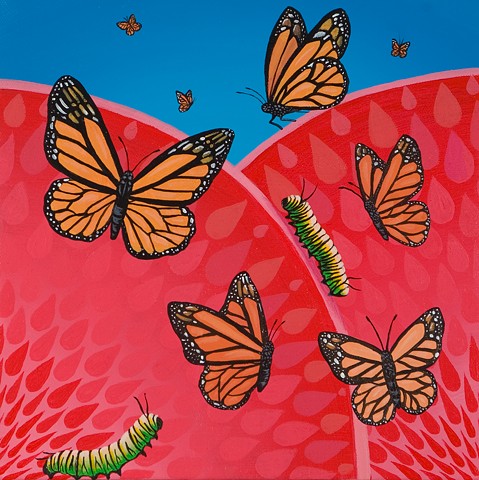 Monarch butterflies and Caterpillars with red and blue