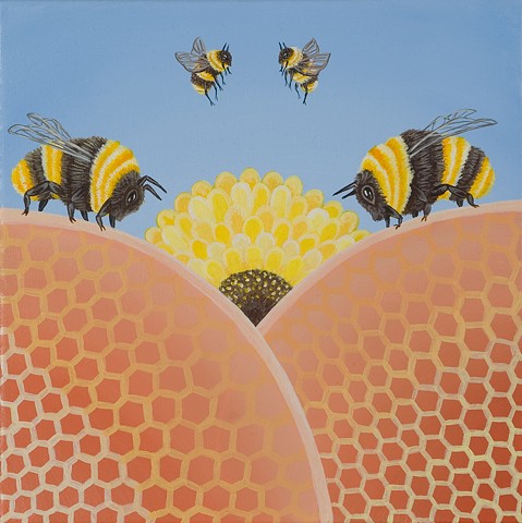 Big fat bees with a sunflower and honeycomb