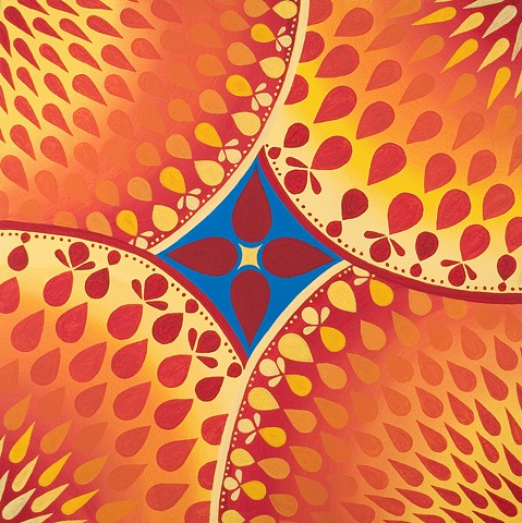 A Red and Blue stylized Star Flower centers on an expanding and gold ground.