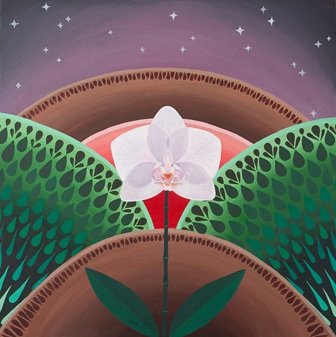 A lone white orchid against a scarlet and stylized background.