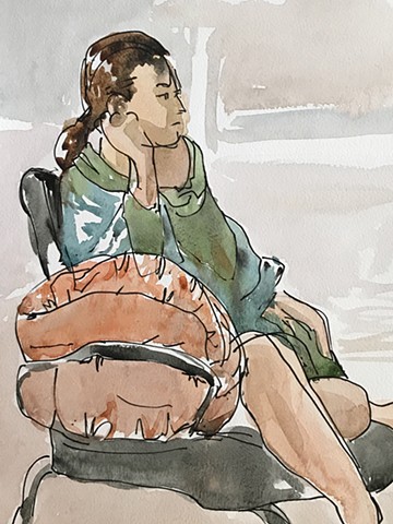 This ink and watercolor sketch captures a moment.
