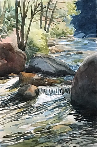 This painting, Rocky River, was chosen for the 2022 Newton FenceART exhibition.
