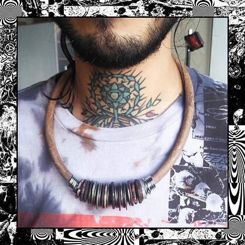 Rubber wood + Scavenged Rust Disc Necklace