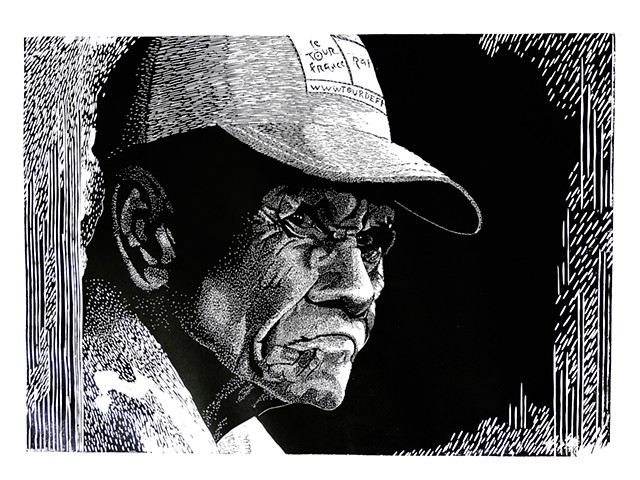 Woodcut printmaking with Cuban old man with cap represents experience in life future hope intense look by Aramis Justiz