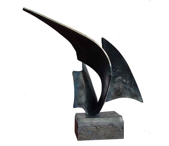 Cuban bronze blue patina sculpture represents strong wind fast sailing adventure by Aramis Justiz
