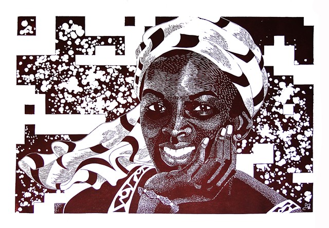 Brown Woodcut printmaking with turban girl represents Cuban african religion roots big smile love intense look by Aramis Justiz