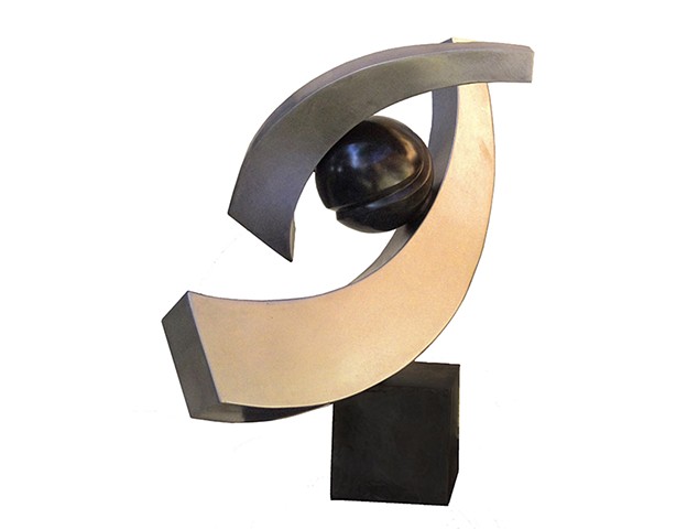 Cuban Stainless Steel black marble Sculpture represents zen opposing forms dancing  create a round element flowing forms clean geometric lines by Aramis Justiz