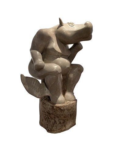 Sculpture in marble resin represents animal hippopotamus with wings psychological stereotype doubt by aramis justiz