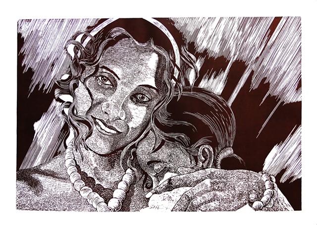 Brown Woodcut printmaking with mother&child represents Cuba maternity love peace intense look by Aramis Justiz