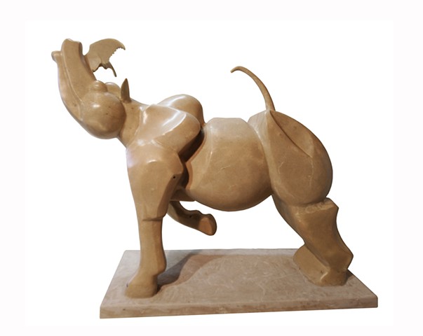 Animal rhino sculpture in marble resin with wings represent human being following feelings by Aramis Justiz