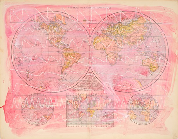 Ink and pastel over an antique map with white thread embroidering illness pulse lines. Artwork for the exhibition All the Hemipsheres; Contact Municipal Bonds for inquiry.