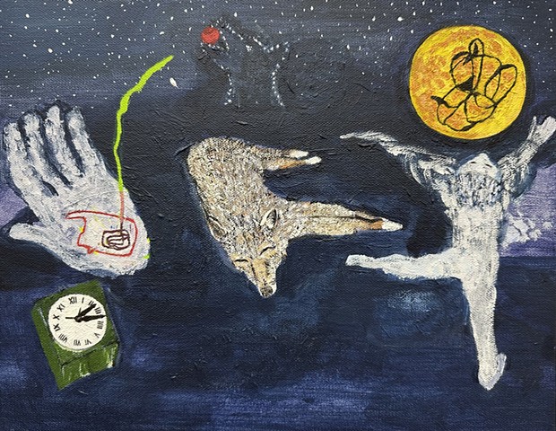Coyote, Clock, Ball, and Moon