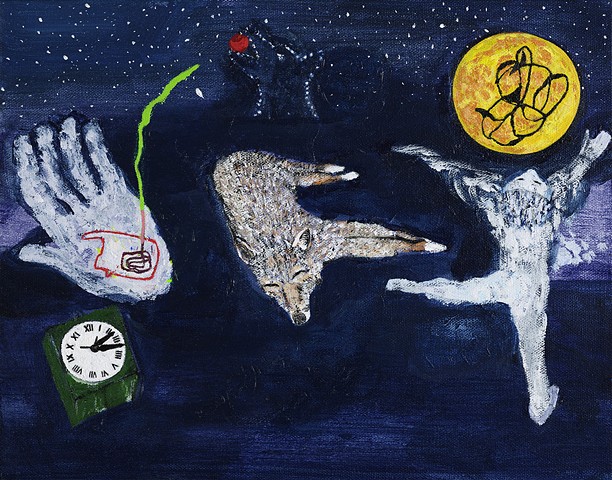 Coyote, Clock, Ball, and Moon