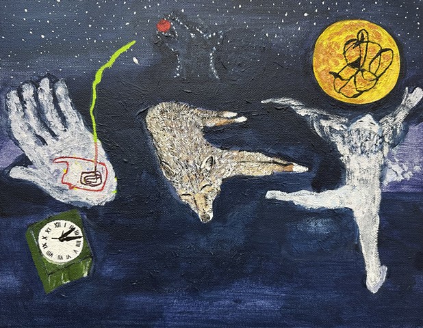 Coyote, Clock, Ball, and Moon