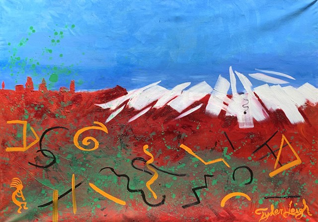 An abstract painting of the American West. Has fragmented white mountains with a dot and squiggly line. Above is a light blue sky. The bottom half is a red desert with green splattered all over and abstract lines representing petroglyphs.