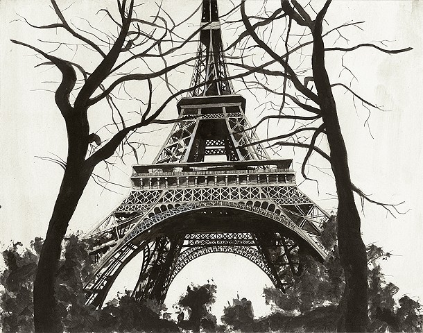 Impressionistic Monochromatic Ink Drawing of the Eiffel Tower. By Tyler Leigh