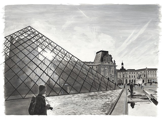 Ink painting of the Louvre pyramid and the museum in the background. By Tyler Leigh