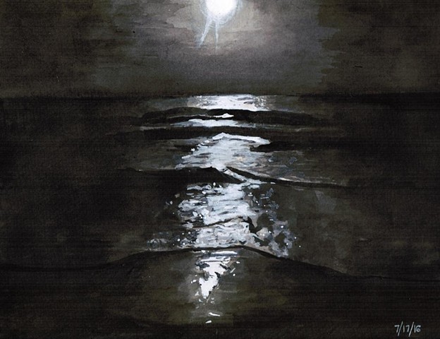 A ink painting of a beach at night.