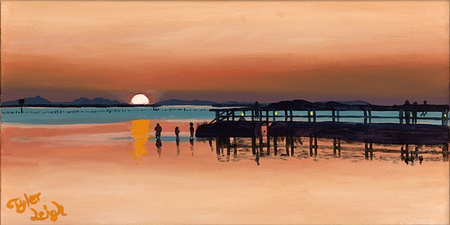 Oil painting of an orange sunset over the Outer Banks, North Carolina