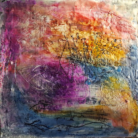 Encaustic abstract with red, purple yellow and blue. Incised surface.