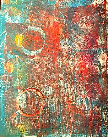 Multicolor Acrylic monoprint in red, blue and yellow.