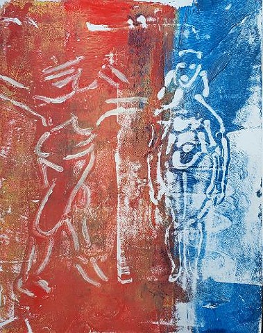 Acrylic Monoprint with stencil of female figures.